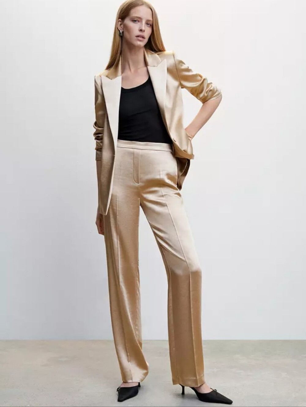 Mango Satin Pants With Elastic Waist beige size small